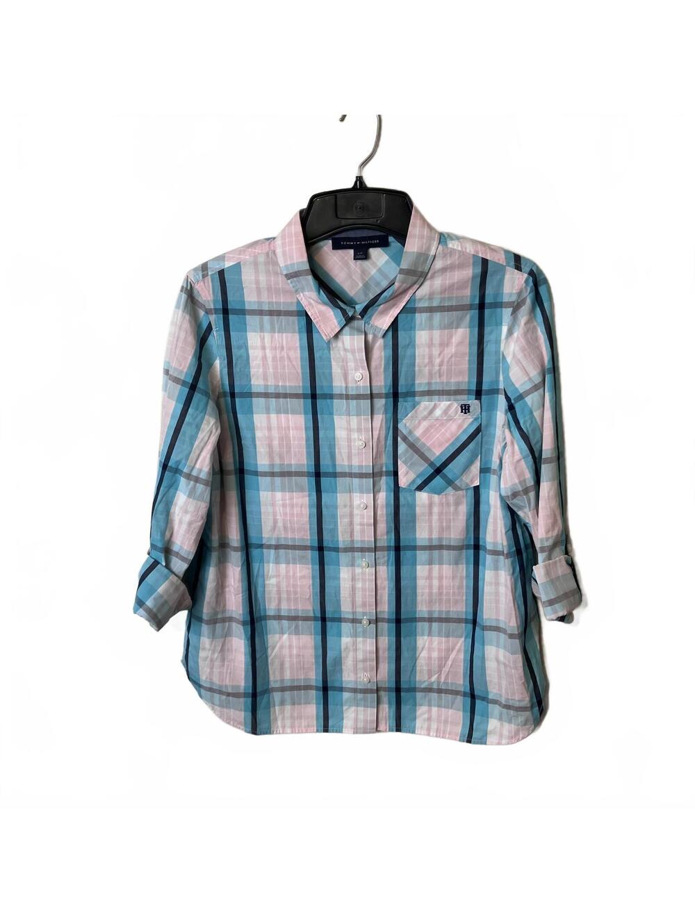 Tommy Hilfiger Preppy Plaid Button-Down Shirt Pink Blue Gray Women's Medium
